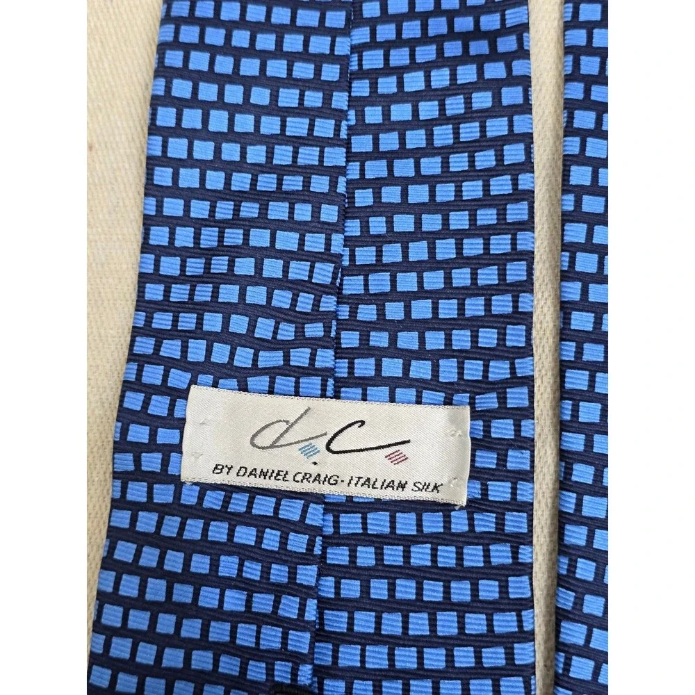 Daniel Craig Italian Silk Tie Mens Blue Geometric‎ Square Pattern Necktie